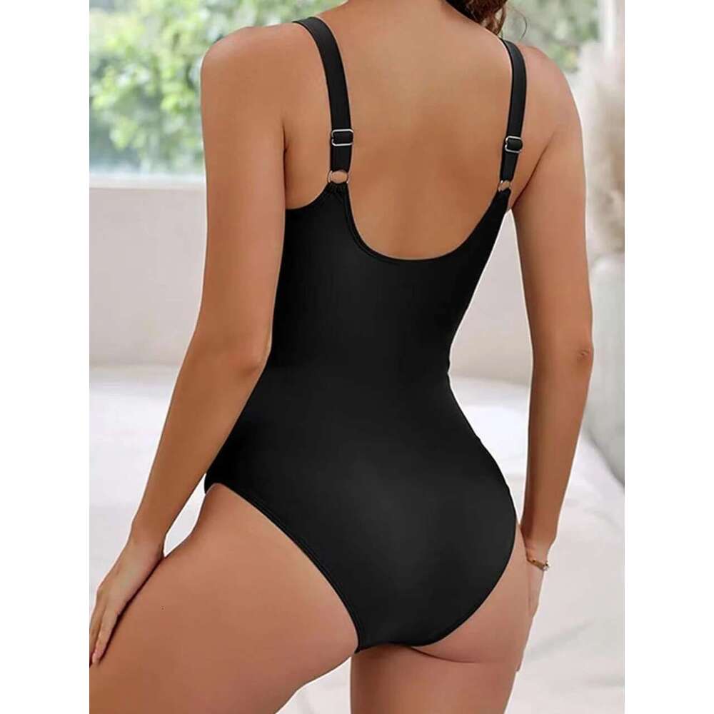 Women's plain pleated swimsuit, one-piece, solid color, beachwear, bather, summer jumpsuit, 2024