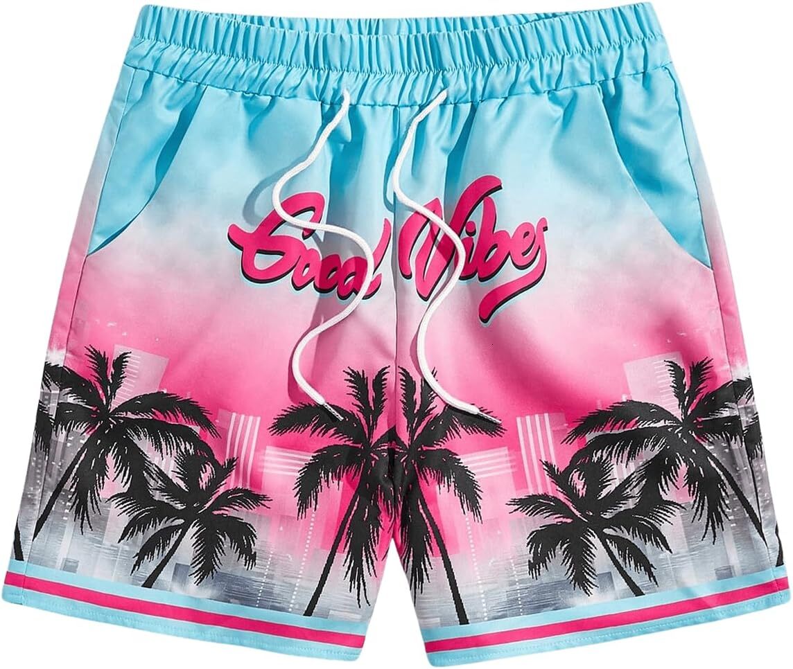 Men's Tropical Print Drawstring Waist Shorts Summer Hawaiian Beach Shorts with Pockets Printed fashionable beach shorts