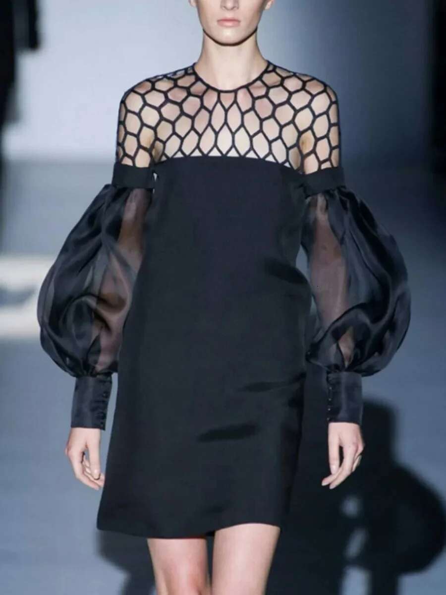 Yeezzi Women Fashion Sexy Hollow See-Through Prom Party Mini Dresses 2024 New Autumn Long Puff Sleeves Loose Urban Black Dress