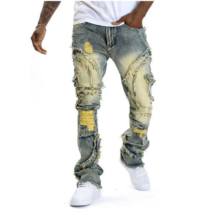Mens ripped stacked jeans extremely slim tight straight leg jeans fashionable hip-hop jeans casual streetwearT250319