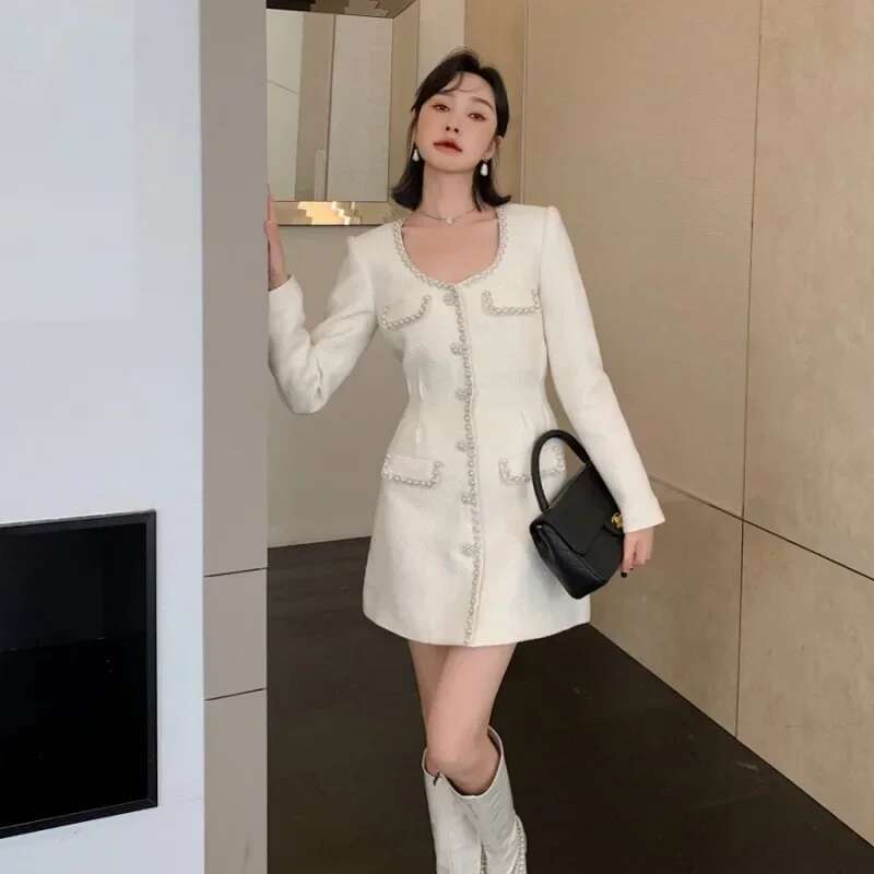 Women Round Neck Wool Long Sleeve Winter Warm Clothes Office Ladies Fashion Mini Dress