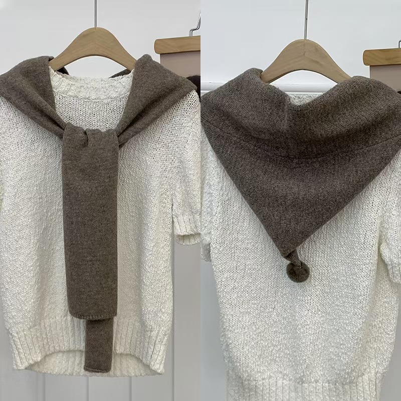 K130 Knitted shawl new style warm soft waxy neck scarf fashionable hat neckband integrated sharp corner with wool ball shawl