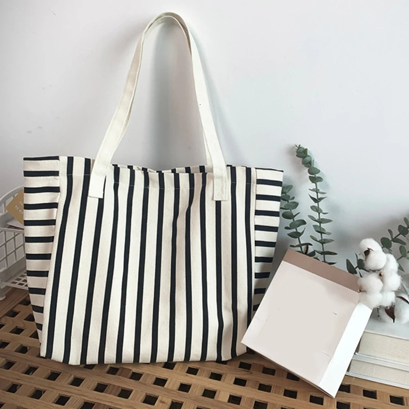 Beach Tote Bag Fashion Women Canvas Summer Large Capacity Striped Shoulder Bag Tote Handbag Shopping Shoulder Bags 250311