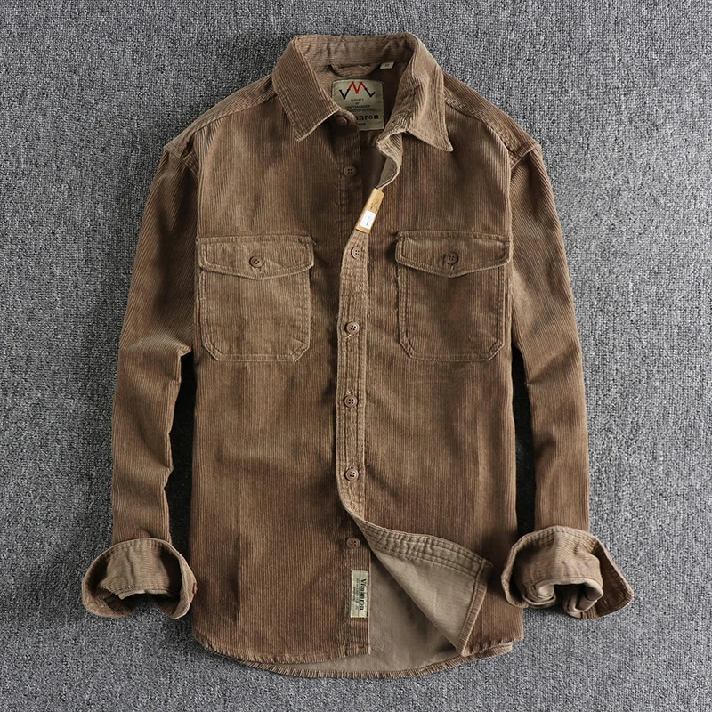 Retro washed Corduroy long sleeved shirt for men simple and loose winter thick jacket 250313