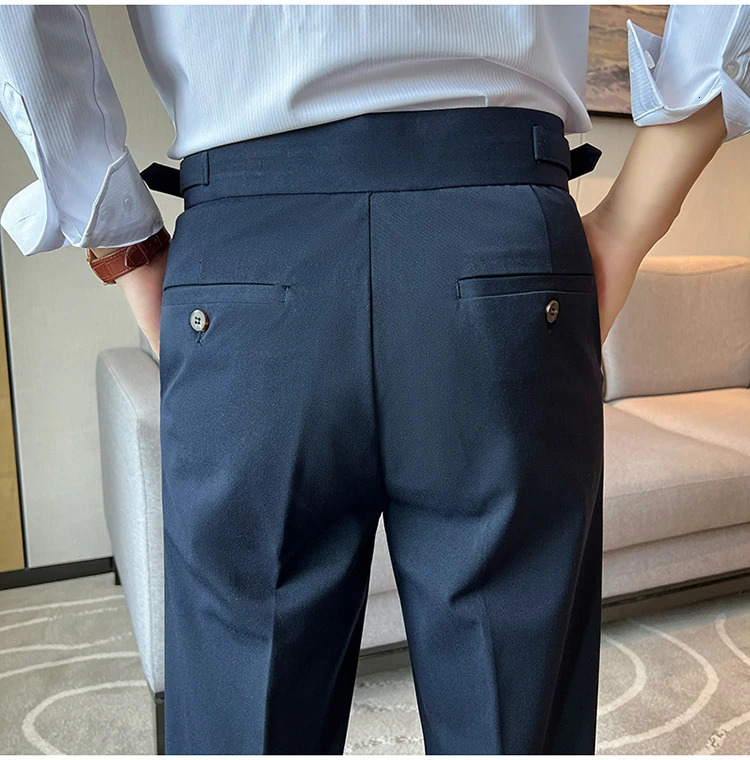 High quality Naples mens suit pants ultrathin fit casual Trouser blue retro high waisted dress pantalon Homme Luxe w250313