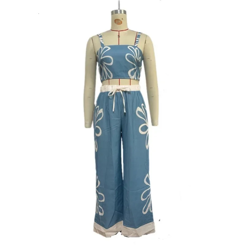 Summer Casual Womens Fashion Sexy Flower Belt Top Wide Leg Pants Set European and American 250313