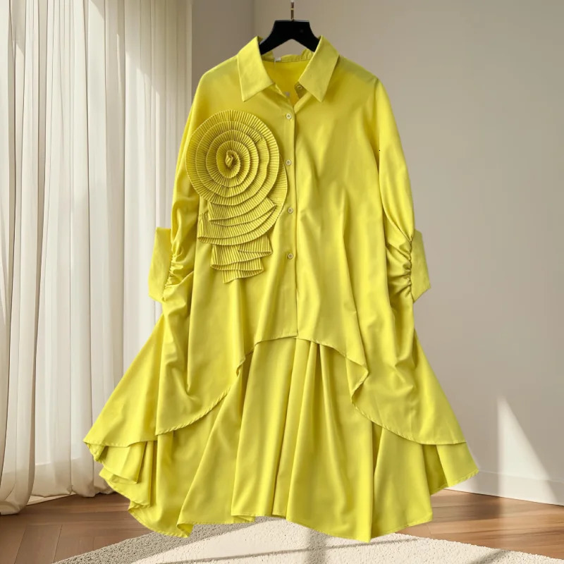2025EuropeanClothesLooseBlouseChicTurndown CollarIrregularThree-dimensional flowersWomenBatwing SleeveTops41293 250310