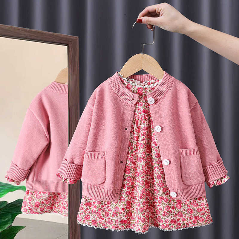 Girl's Dresses Girls' foreign style suit skirt autumn new style knitted sweater cardigan floral dress children's Pastoral two-piece set