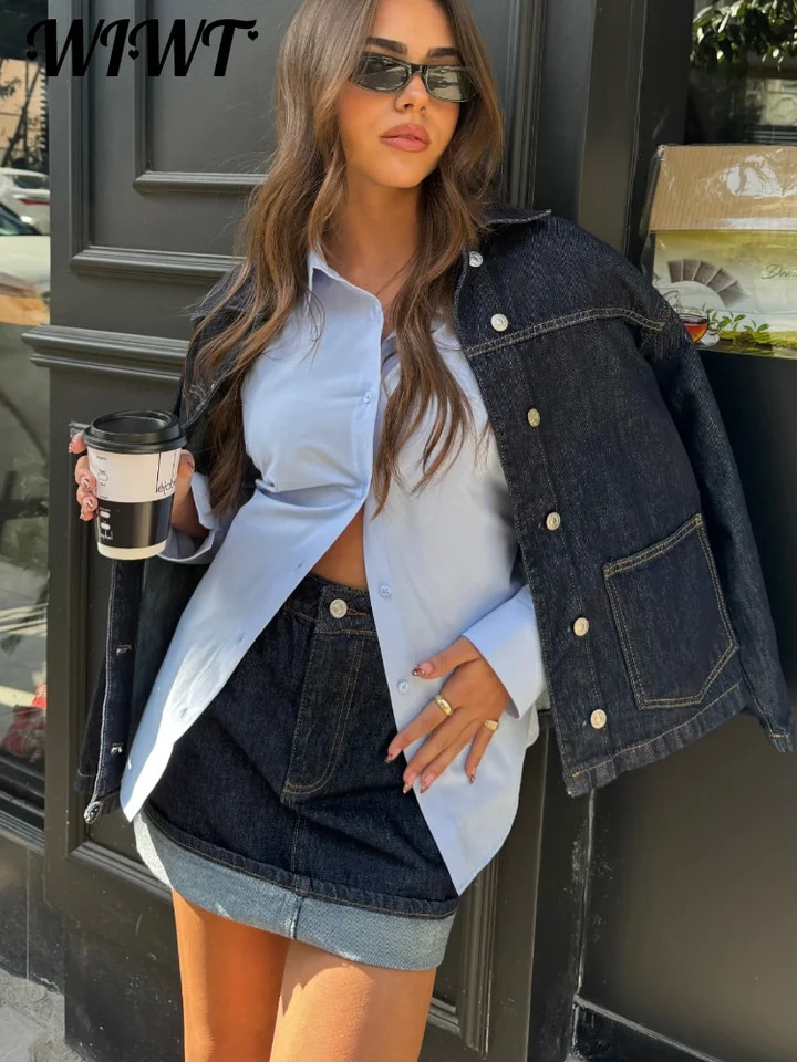 Street Denim Jacket Skirts Set Women Casual Lapel Single Breasted Long Sleeve Jackets Aline Mini Skirt Lady Outfits 250312