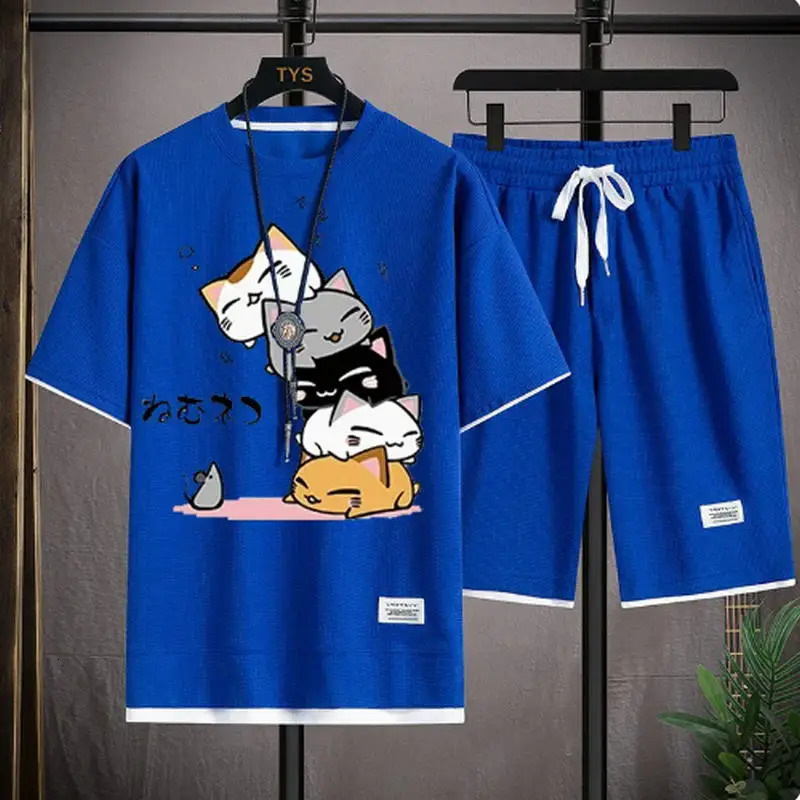 Mens Summer Waffle Set Fashion Casual T-shirtShorts Set Mens Sports Set Loose ComfortableSlo Two-piece Set 250310