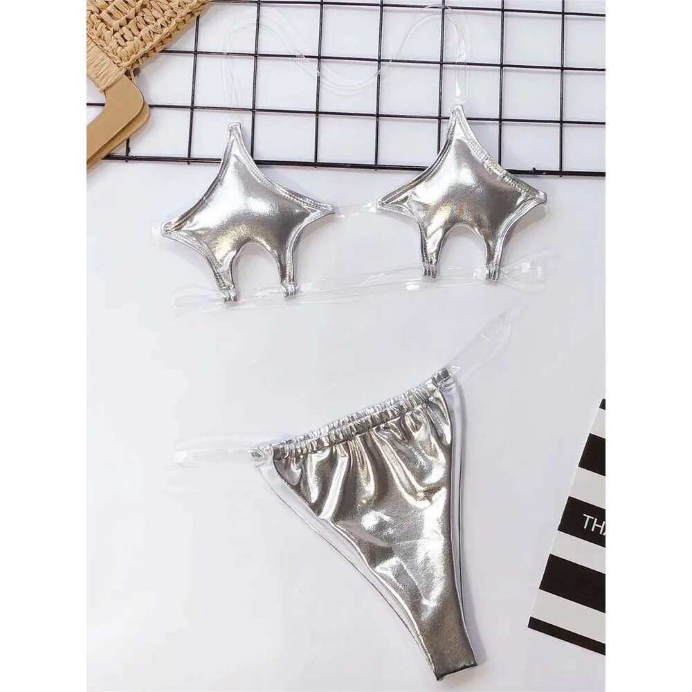 Women's transparent swimsuit, sexy mini bikini, pentagram design, neon transparent shoulder straps, tango underwear, 2024