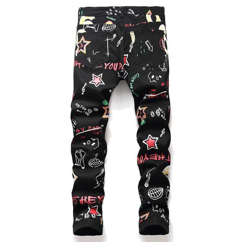 New Fashion Spring Autumn Mens 3D Printed Jeans Pantalon Hombre Black White Nightclubs Young Skinny Biker Denim TrousersT250315