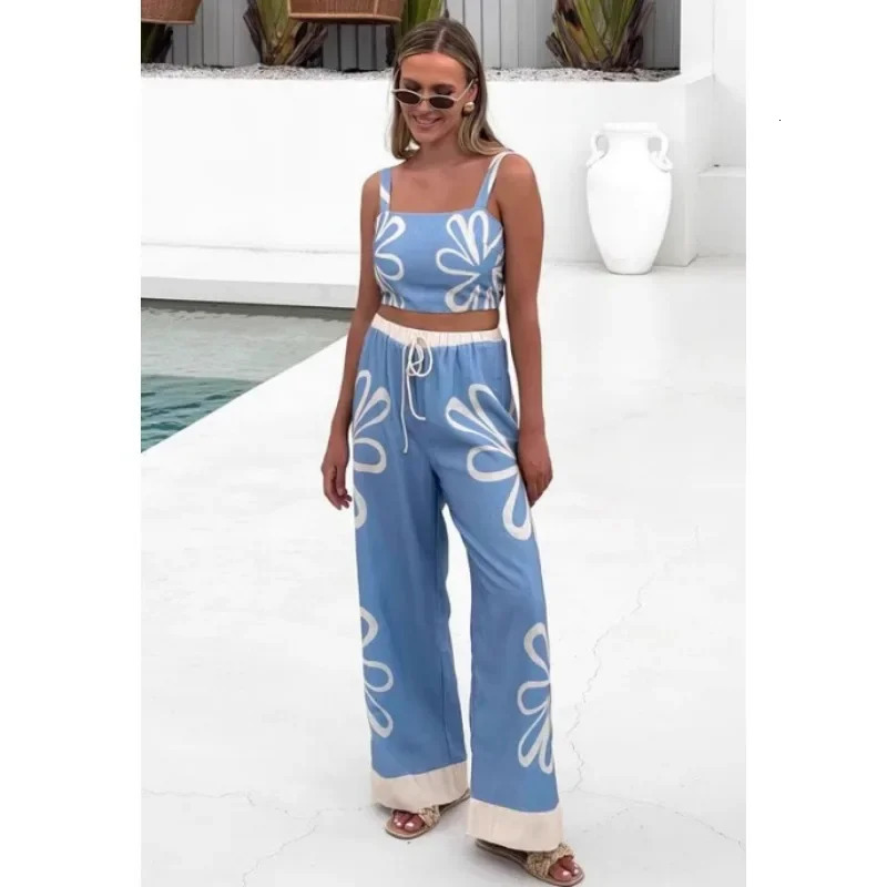 Summer Casual Womens Fashion Sexy Flower Belt Top Wide Leg Pants Set European and American 250313
