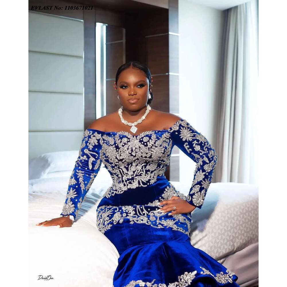 Custom Blue Royal White Lace Applique Ball Gown Layered Fringed Velvet Mermaid Aso Ebi Formal Occasion Dresses prom