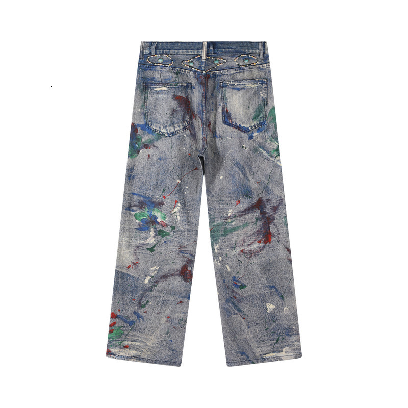 Digital Ink Splattered Ripped Jeans Straight Leg Pants Printed With Heavy-Duty American Style AC Denim Chain