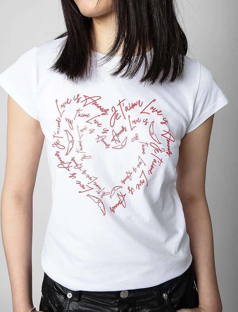 New French Niche ZV Letter Love Print Hot Stamping Cotton Women's Round Neck Short Sleeved T-Shirt