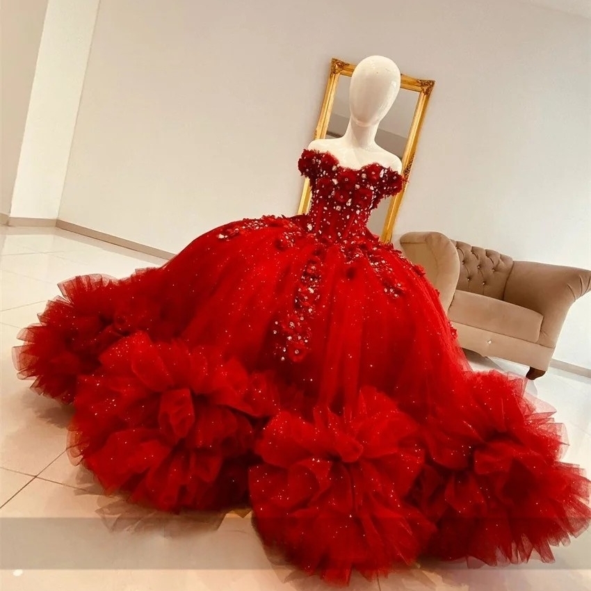 Exquisite Red Flower Girl Dress For Wedding Ruffles Floral Applique Pearls Crystal Beaded Princess Birthday Party Graduation Dress Christmas Christeni