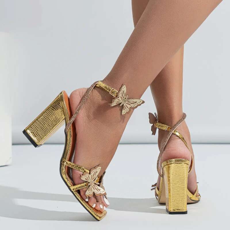Sexy Women Heeled Sandals Butterfly Decoration Rhie Square Toe Buckle Cross Strap Thick High Heels Nightclub Wedding Shoe