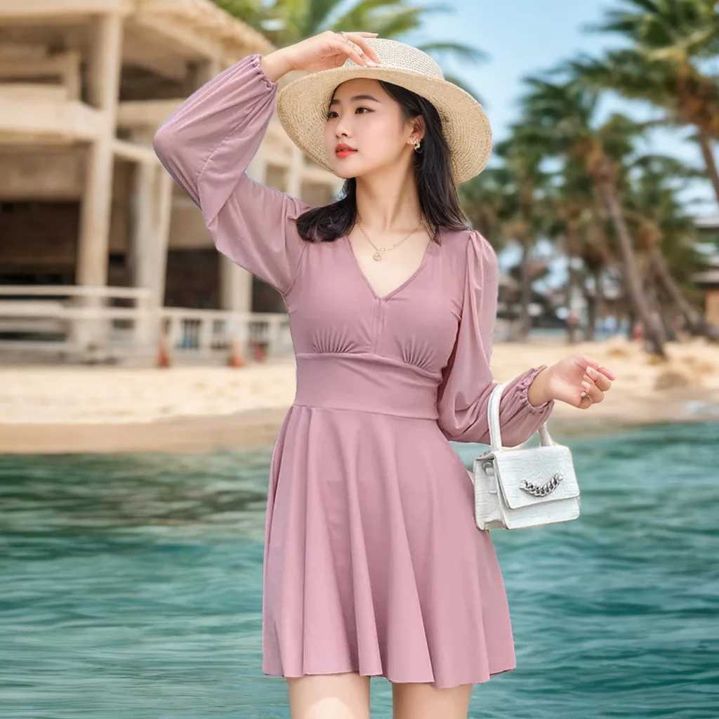 Womens conservative Fsh cover and ultra-thin solid color seven times longer sunscreen Tpeent high waist casual vacation swimsuitXJ250315