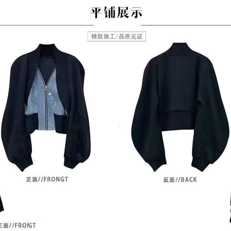 Design Sense Niche Black Denim Ing Long-Sleeved Short Coat Women's Spring And Autumn Spice Girl Fake Two Cardigan Tops