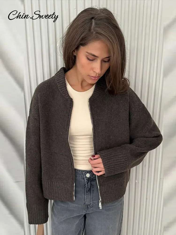 Vintage Knit Zipper Cardigan For Women Solid Loose O Neck Long Sleeve Sweater Top Female Fall Winter All-Matching Knitwear