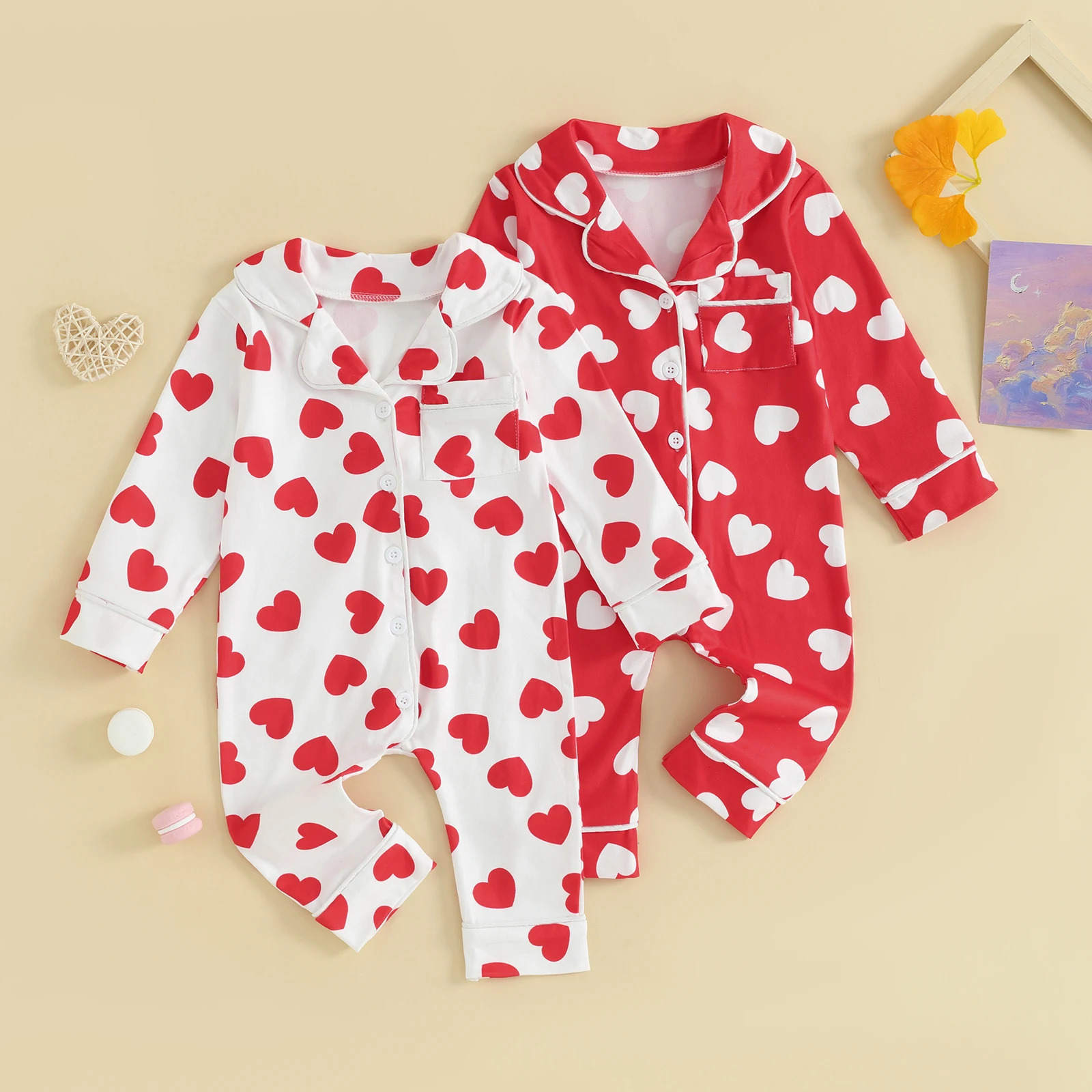 Long Sleeve Baby Boys Girls Sleepwear Pajamas Jumpsuits Lapel Collar Heart Print Button Up Rompers born Loungewear Clothes 250314