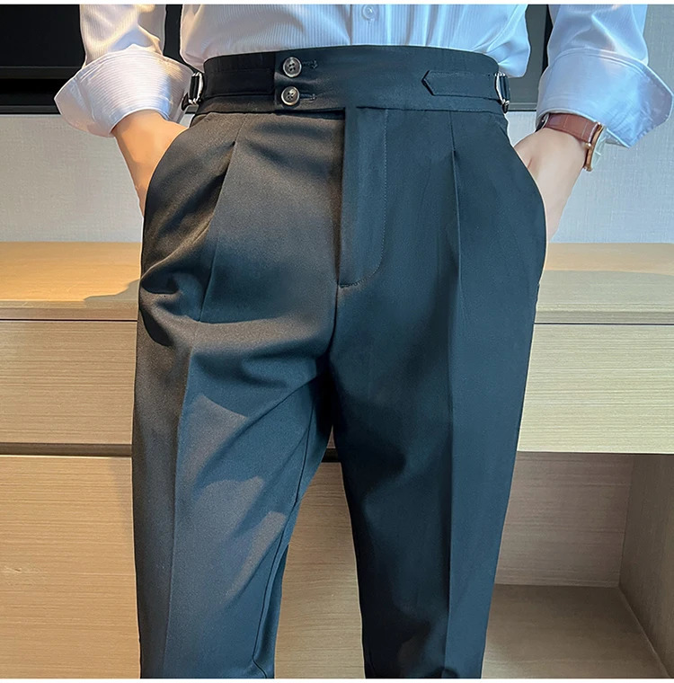 High quality Naples mens suit pants ultrathin fit casual Trouser blue retro high waisted dress pantalon Homme Luxe w250313