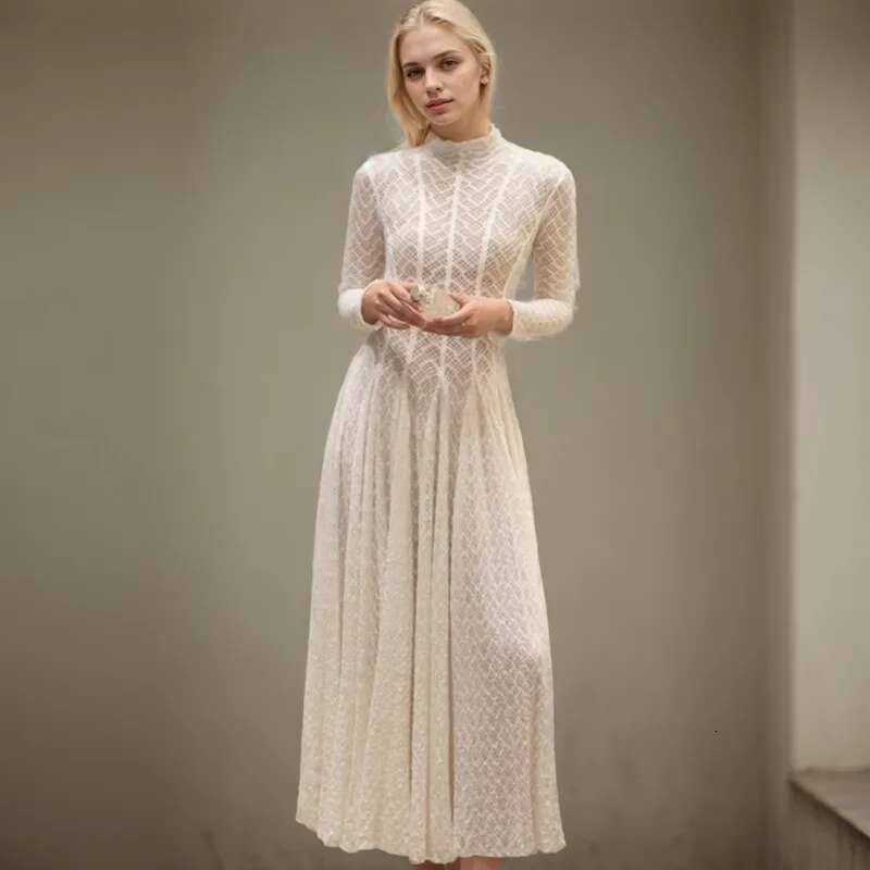DEAT Fashion Lace Dress Women's Round Neck Hollow Out Slim Long Sleeve Retrac Waist Big Swing Dresses New 7Ab8070