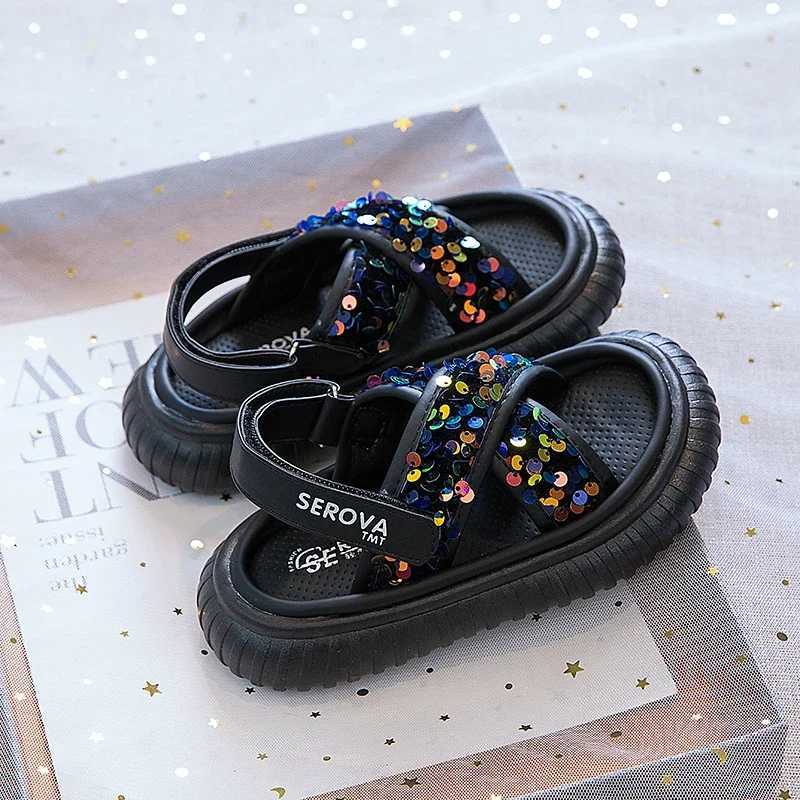 Childrens sandals summer thick soled princess sequin sandals fashionable waist open toe childrens school sandals hook and loopT250315