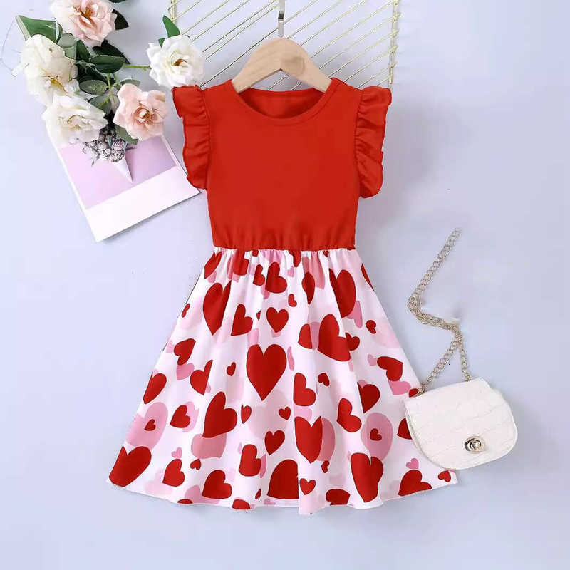 Girl's Dresses New girls' dress, children's knitted small fly sleeve printed heart round neck dress, casual dress