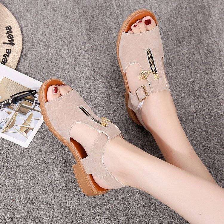 Summer New Korean Edition Student Coarse Barefoot Pure Ribbon Zipper Shoes Low Heel Flat Bottom Women's Sandals