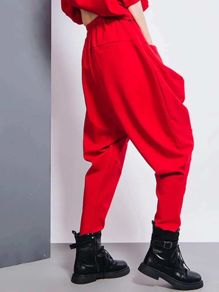 EAM Big Pockets Spliced Irregular High Waist Harem Trousers New Loose Fit Pants Women Fashion Tide Spring Autumn 2024 1Dd2684