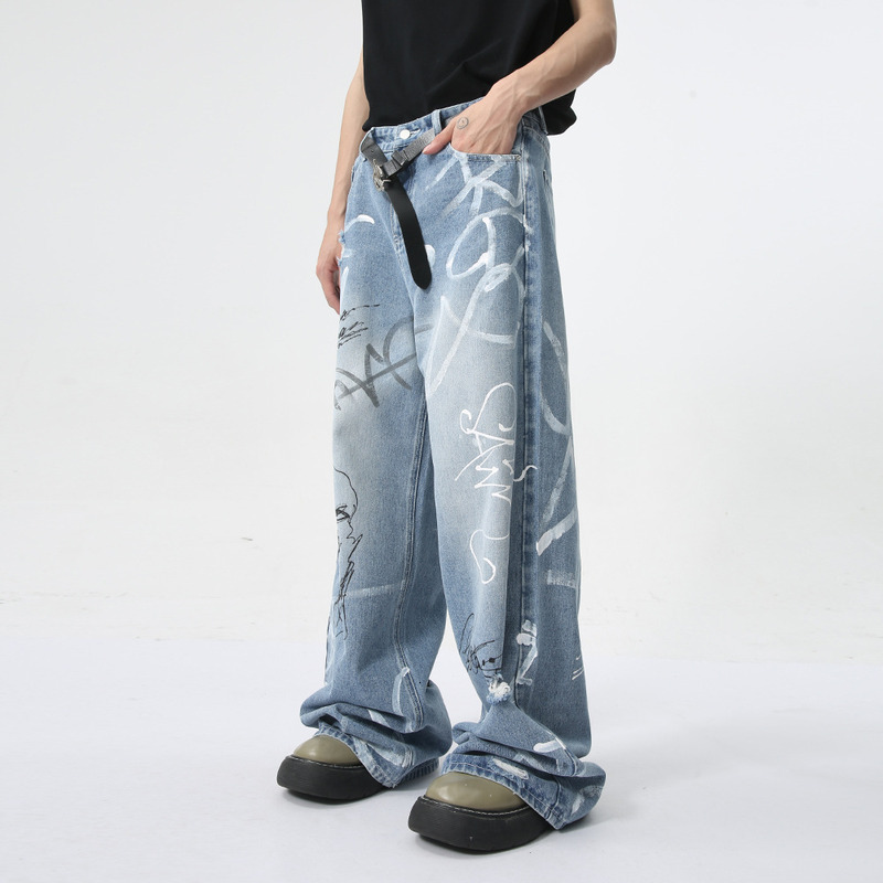 MTLCLOTHES Men's Wear | 2024 Summer New Product Beautiful Street Graffiti Fun Straight Tube Floor Mopping Jeans Trendy