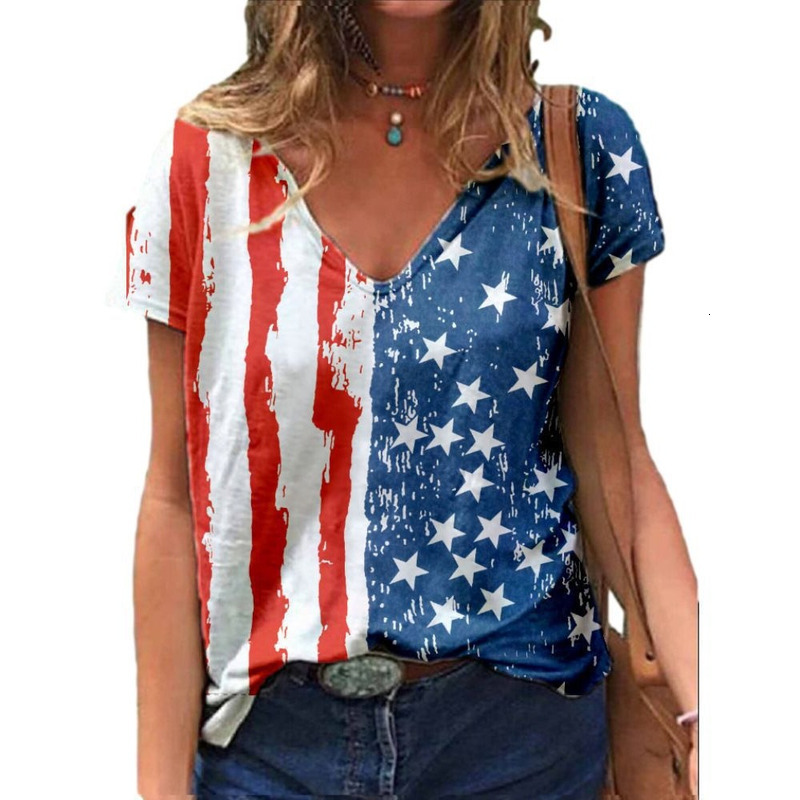 2025 US Independence Day Digital Women's V-Neck 3D Printed Large Size Imitation Cotton Casual T-Shirt