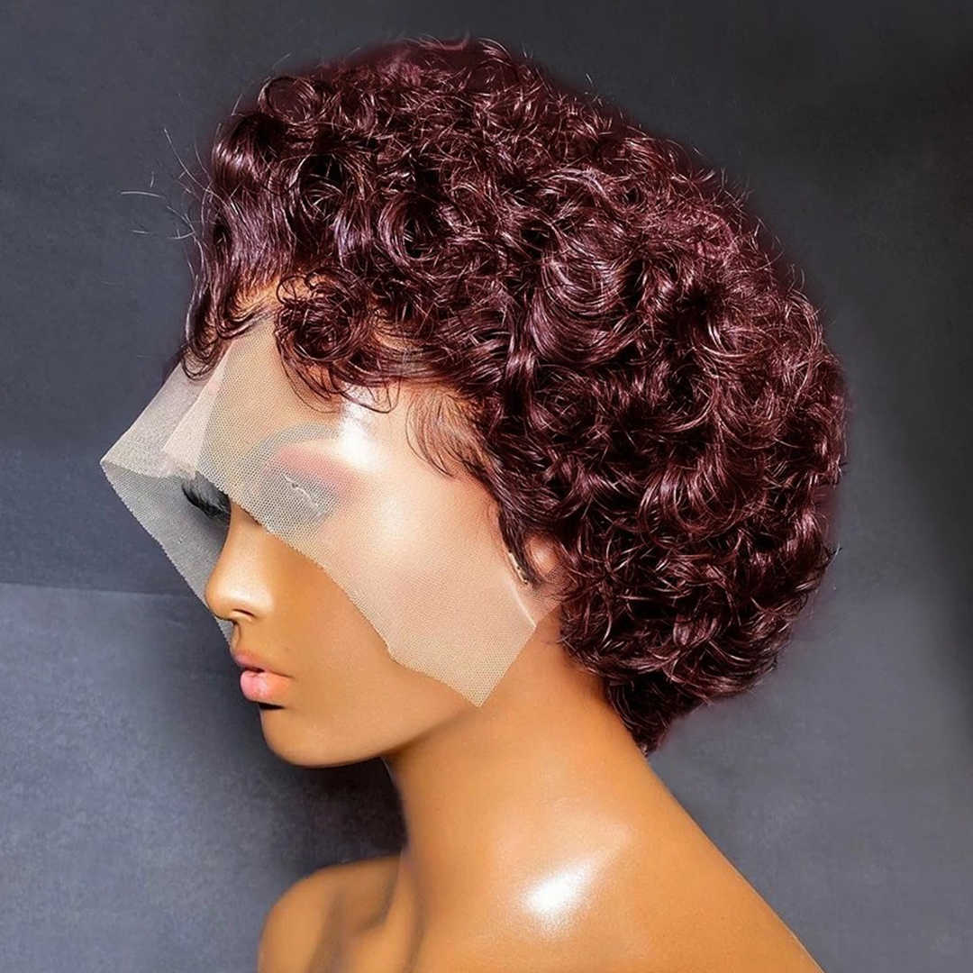99J Burgundy Highlight Honey Colored Short Curly Pixie Cut Lace Wig Pre plucked Bob Wig 13x2 Lace Front Curly Human Hair Wigs Z250315
