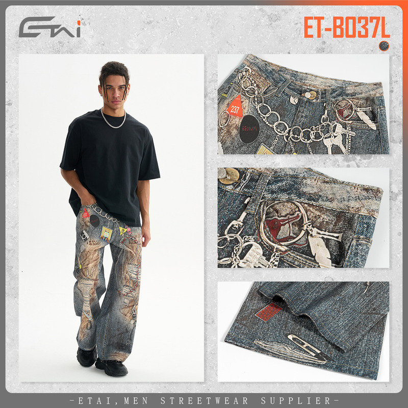 ETAI Men's Wear | New Cotton Straight Tube 3D Printed Casual Pants American Button Jeans For Men