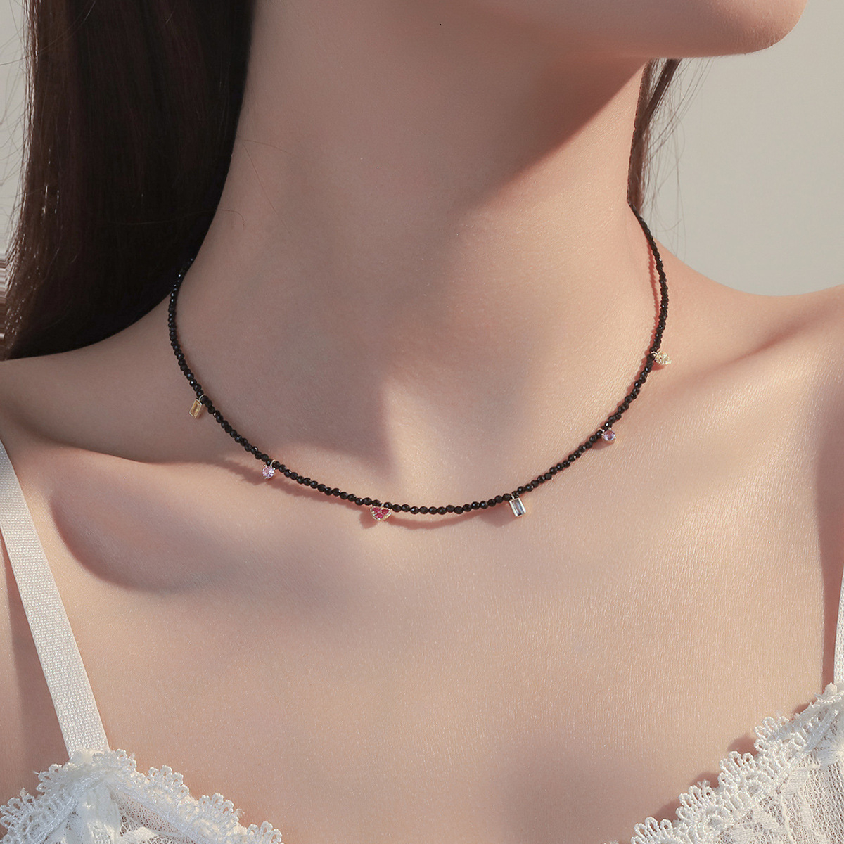 S925 Silver Necklace Women's New Japanese And Korean Fashion Love Crystal Beaded Necklace Niche Design Heart Clavicle Chain