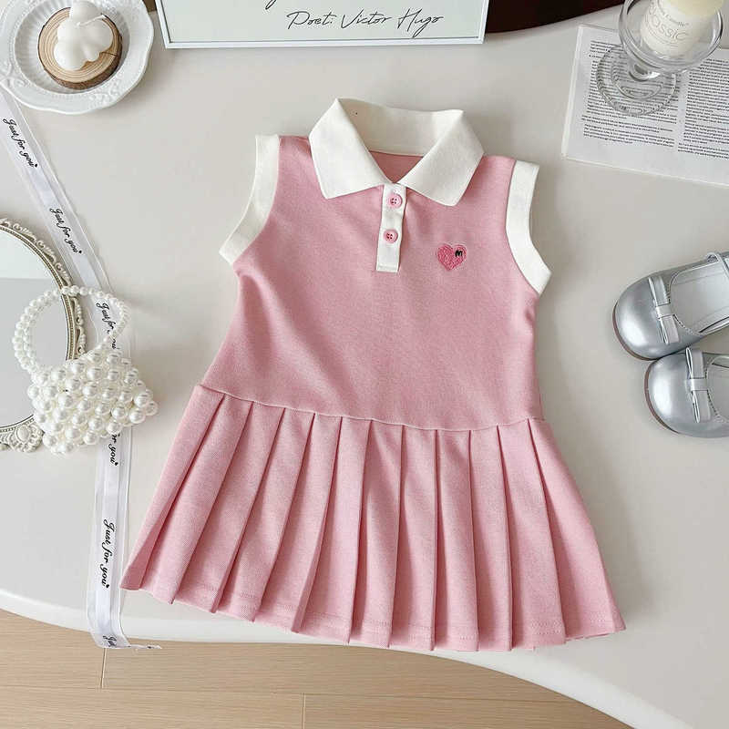 Girl's Dresses Girls' summer dress medium long dress 2024 new style for small and medium-sized children, western-style lapel vest skirt, col