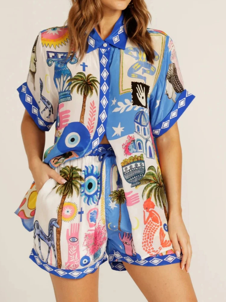 Bohemian satin retro print loose twopiece set womens casual short sleeved shirtshorts summer beach clothing 250313