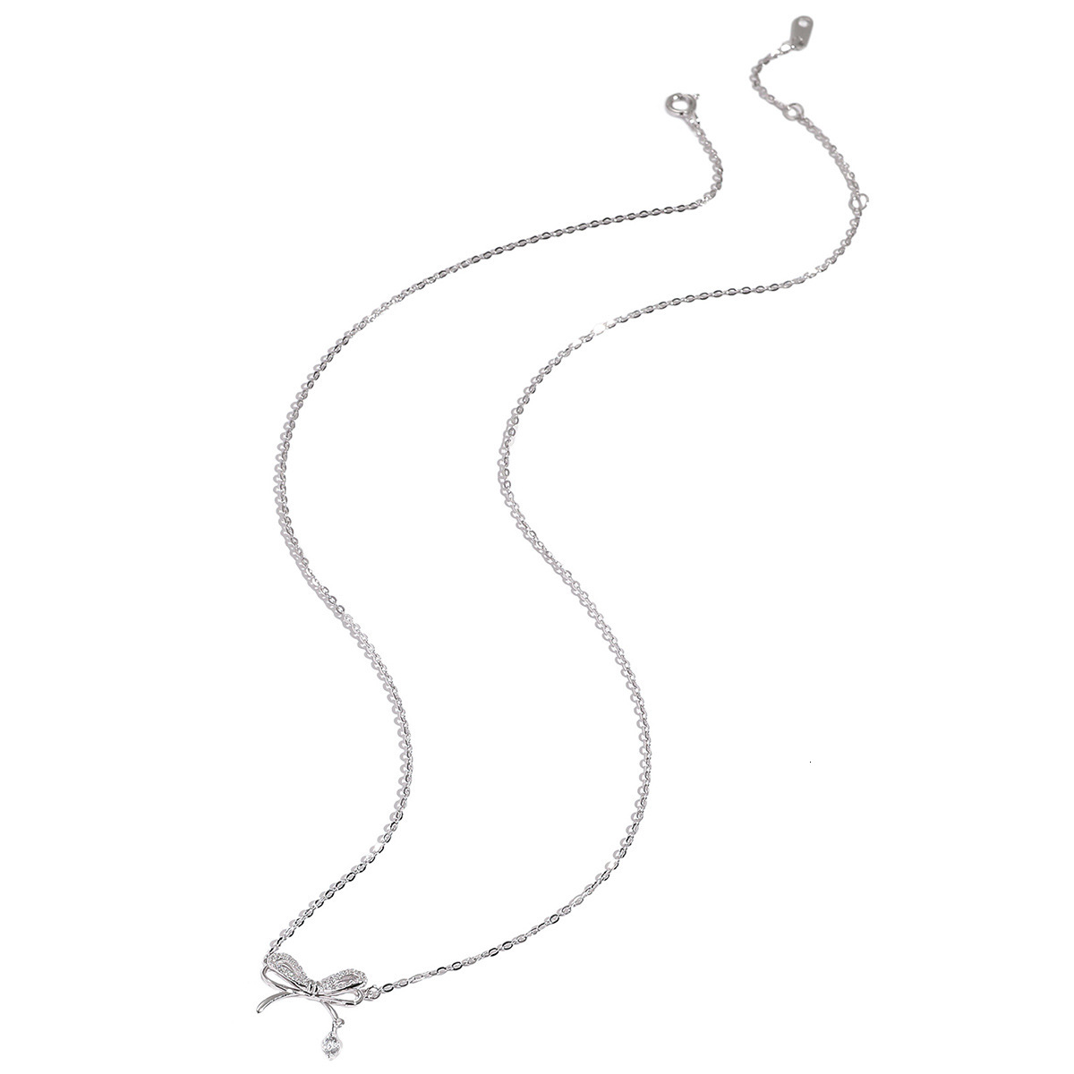 S925 Silver Necklace Female Korean Version Sterling Silver Plated Double Bow Sweet Fashion Diamond-encrusted Necklace Temperament Clavicle Chain