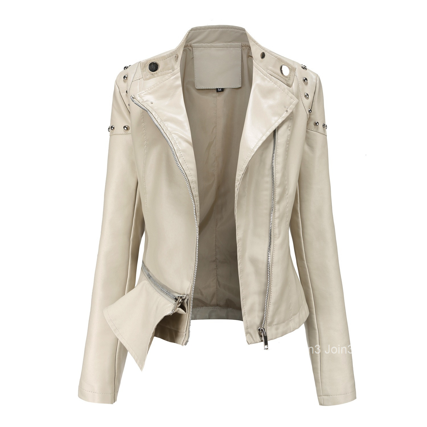 Fashion New Rivet Fashion Standing Collar Leather Coat Womens Solid Color Jacket Womens Spring and Autumn Coat Womens Rivet Leather Coat Join3
