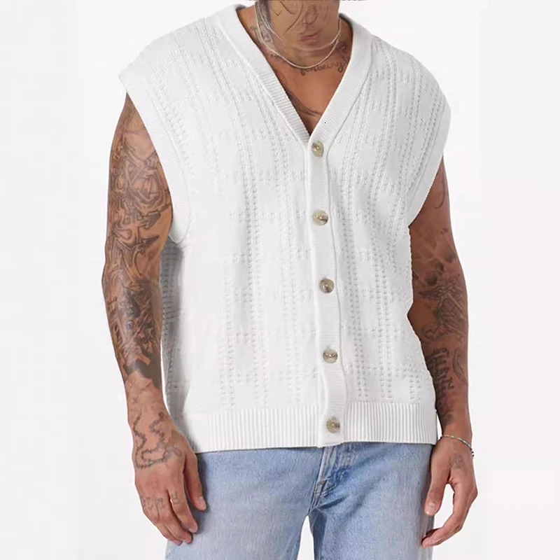 Fashion Hollow Out Mens Knitting Tank Tops Summer Trendy Loose Sleeveless Button V Neck Vest Men Cardigans Streetwear Camisoles 250310