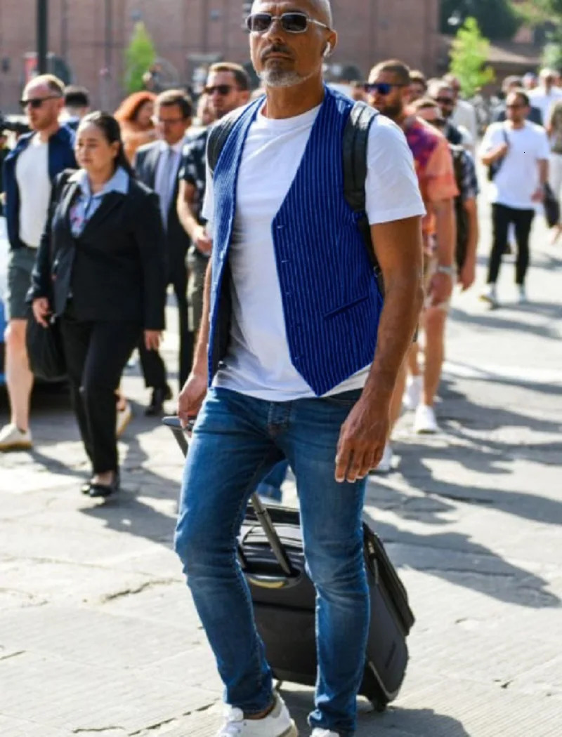 summer mens striped suit vest retro business slim fit vest sleeveless single breasted V-neck short vest jacket 250310