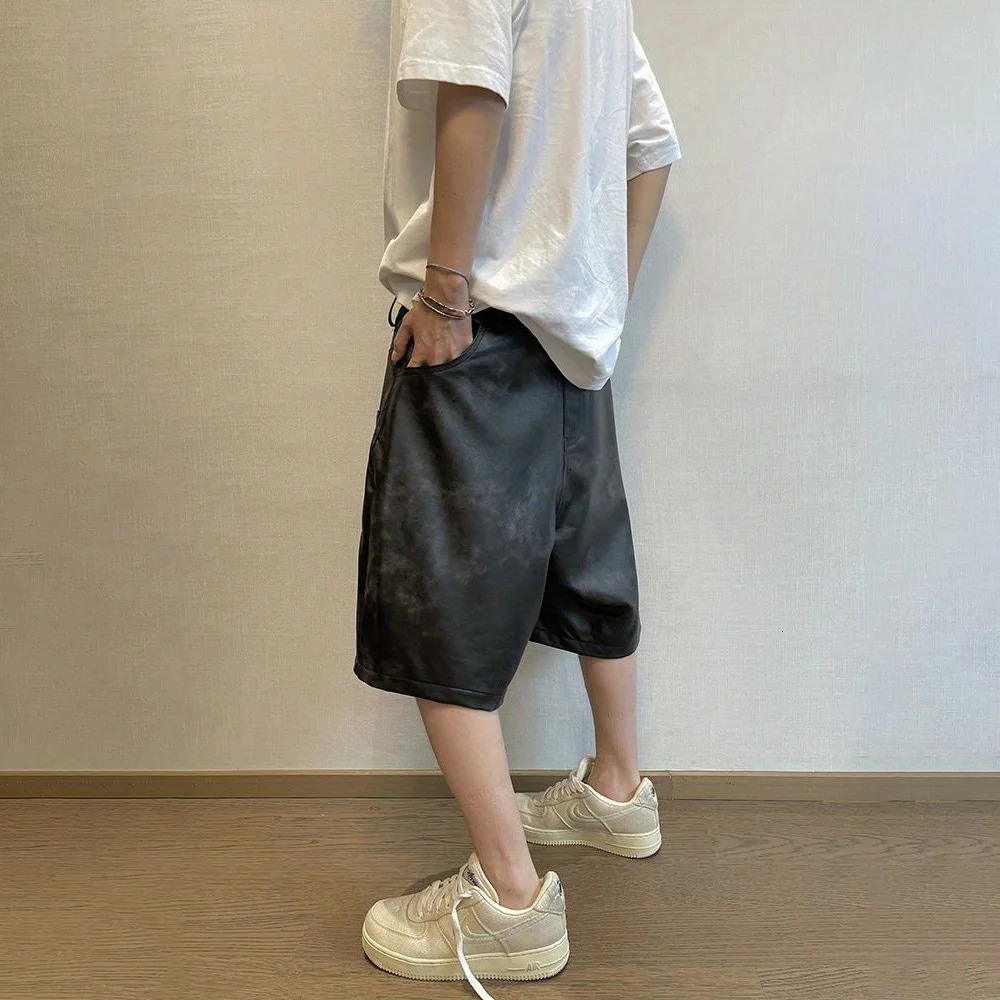 Mens clothing Y2k hip-hop shorts summer fashion retro version faded old solid color Pu leather reversal wearing five point shorts 250314