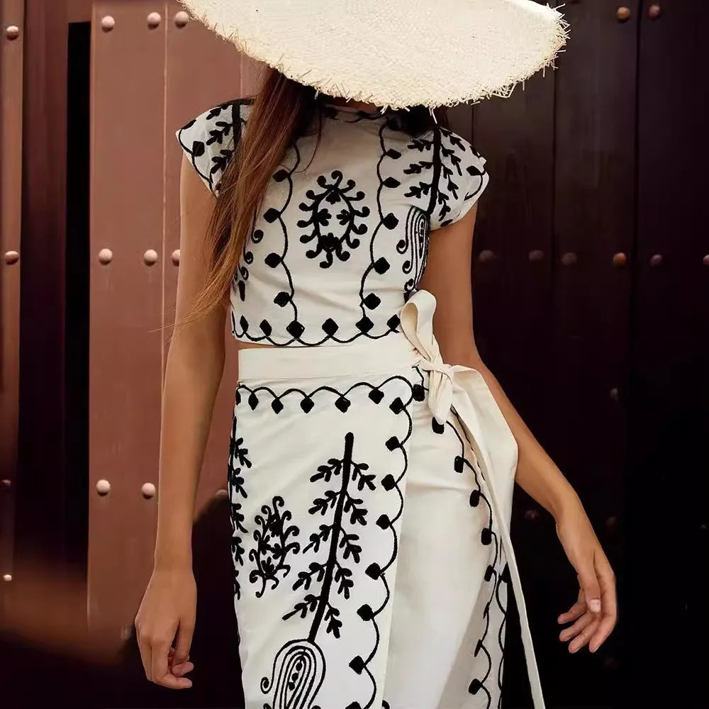Boho Retro Printed Top Tight ed Two Piece Set Shoulder Pads Crop Lace Beach Vacation Dress 250313