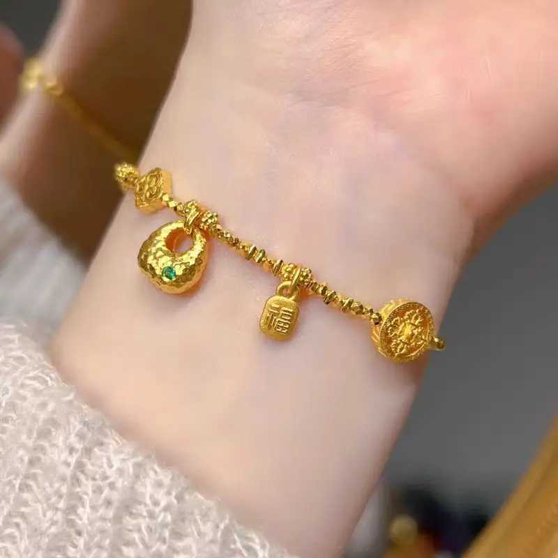 24K Flash Broken Gold Lump Braided and Wrapped Hidden Bracelet Suitable for Women 9999 Real Gold New Disco Bead BraceletXJ250315