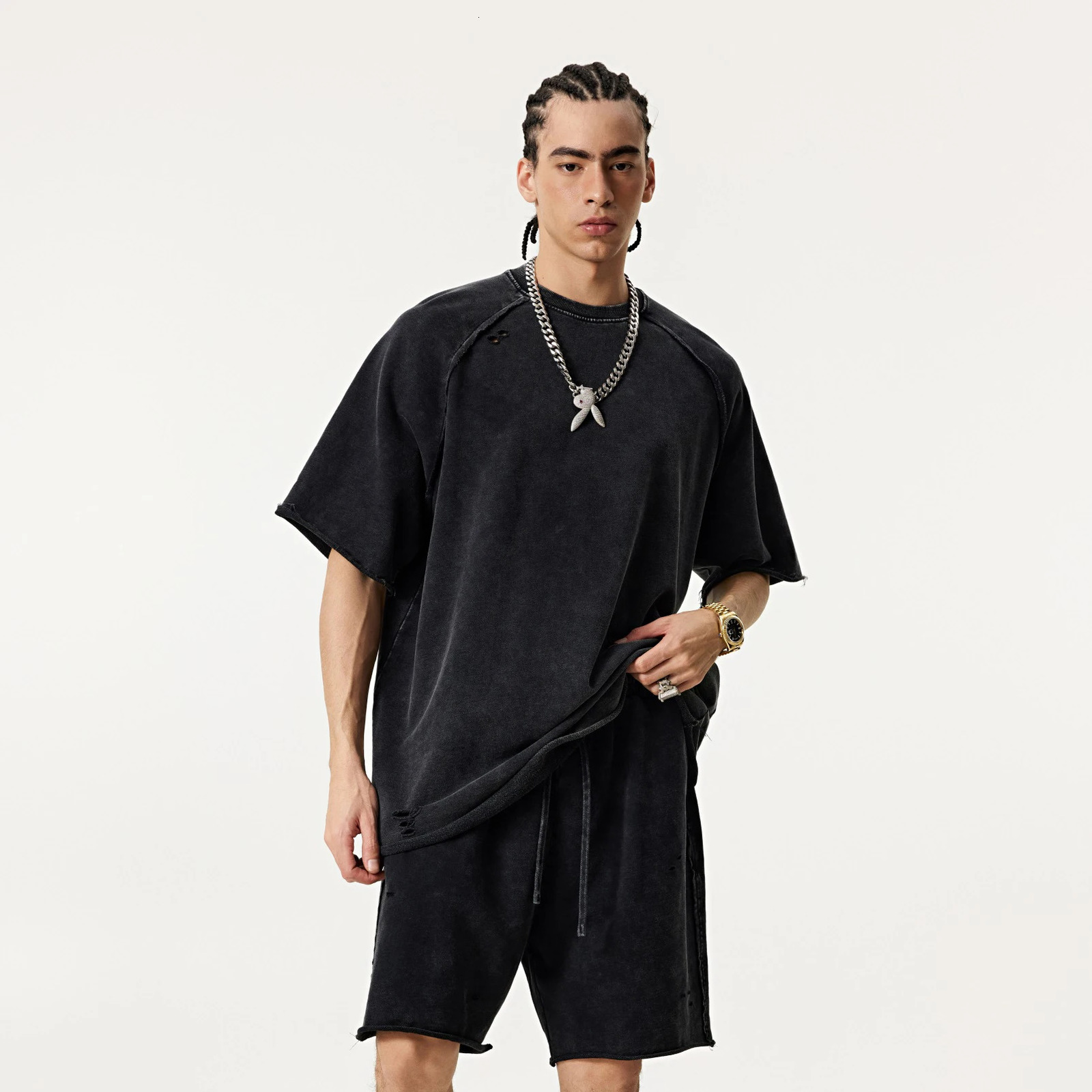 American Washed Worn Streetwear Hip Hop Wax Printing Tshirt Broken Edges Oversized Short Sleeved Mens Hole Cotton 250312
