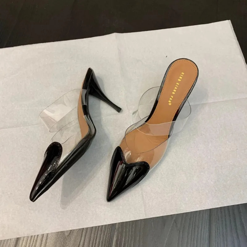 Patent Leather PVC Pumps Stiletto Sandals Pointed Toe Straps Heart Detailing at the Toes High Heel Slippers Wedding Shoes 250314