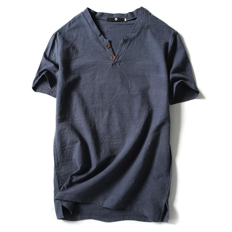 Summer T-Shirt Men Short Sleeve Loose Breathable Cotton Linen T Shirt Male Fashion Solid Color V-Neck Tees 9XL 250314