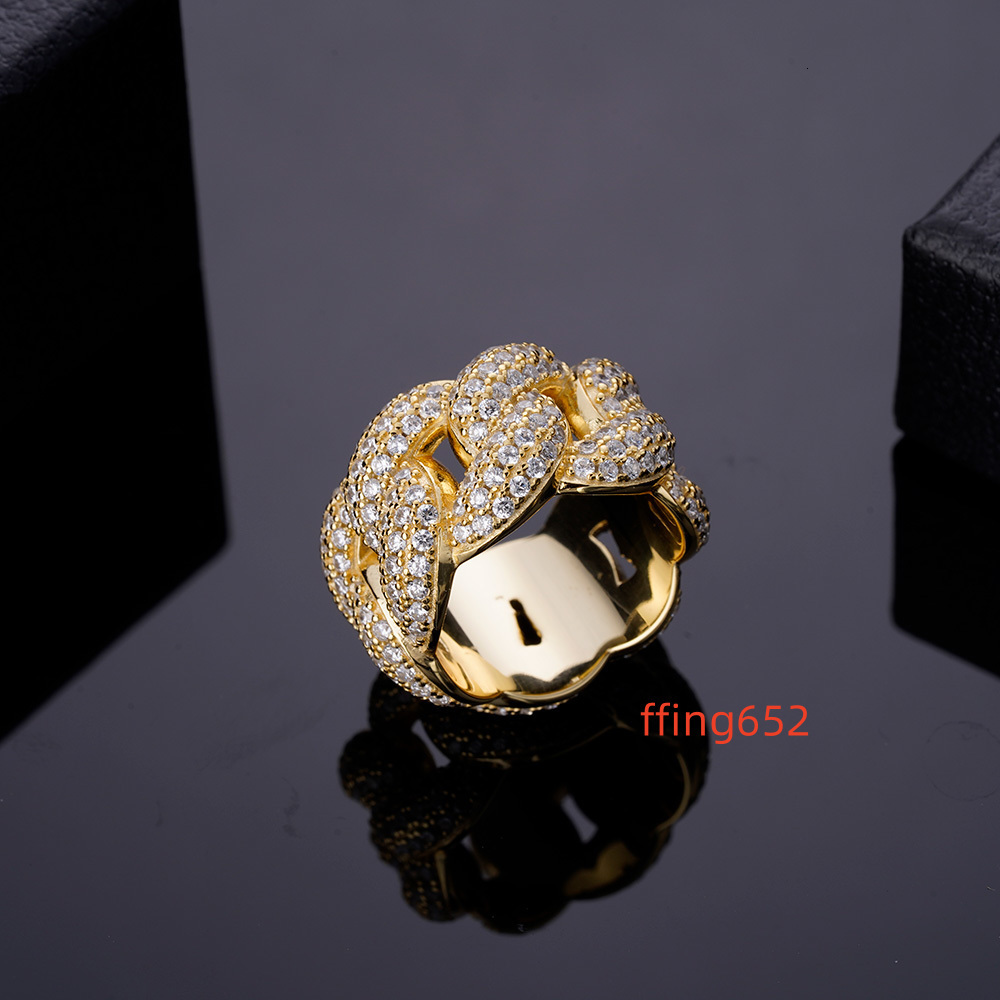 Fine Jewelry Hip Hop Ring Gold Plated 925 Sterling Silver Men Moissanite Diamond Iced Out Cuban Chain Link Ring for Men
